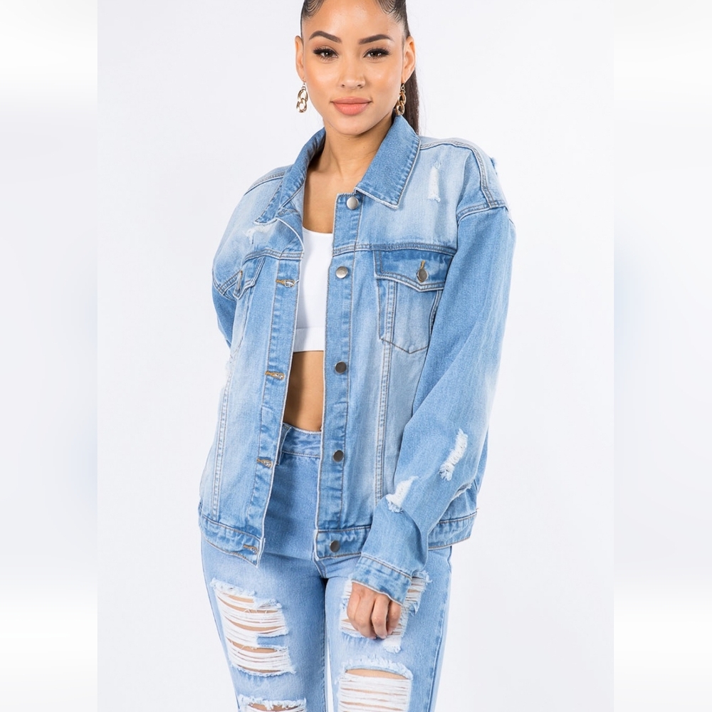 CUT OUT BACK DENIM JACKET WITH PRINT -  Women's Size Small